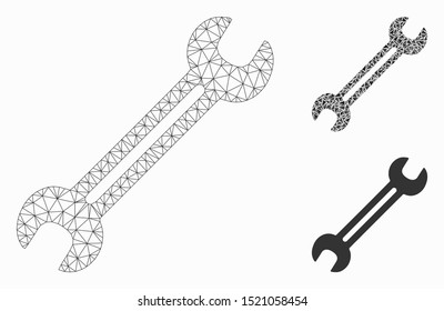 Mesh wrench model with triangle mosaic icon. Wire carcass polygonal mesh of wrench. Vector mosaic of triangle elements in different sizes, and color tints. Abstract 2d mesh wrench,