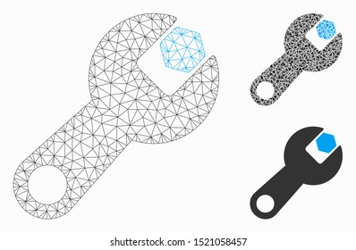 Mesh wrench model with triangle mosaic icon. Wire frame polygonal mesh of wrench. Vector collage of triangle parts in various sizes, and color tones. Abstract flat mesh wrench,
