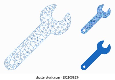 Mesh wrench model with triangle mosaic icon. Wire frame triangular mesh of wrench. Vector collage of triangle parts in various sizes, and color hues. Abstract 2d mesh wrench,