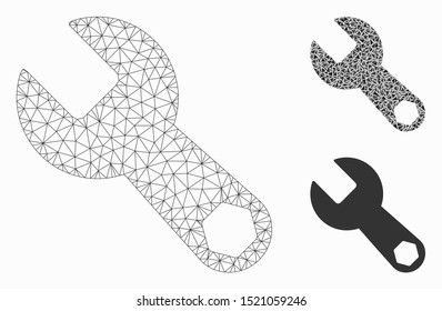 Mesh wrench model with triangle mosaic icon. Wire frame triangular mesh of wrench. Vector mosaic of triangle parts in variable sizes, and color tints. Abstract 2d mesh wrench, designed with triangles.