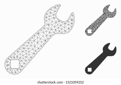 Mesh wrench model with triangle mosaic icon. Wire frame polygonal mesh of wrench. Vector collage of triangle parts in variable sizes, and color tones. Abstract 2d mesh wrench,