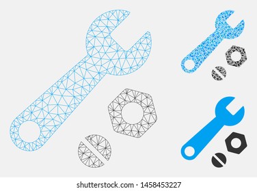 Mesh wrench and nuts model with triangle mosaic icon. Wire frame triangular mesh of wrench and nuts. Vector collage of triangle elements in different sizes, and color tints.