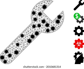 Llave de malla de la ilustración de vector 2d polígonal, con nodos Covid negros. El modelo de canal se crea a partir de un icono plano de llave, con nodos cómodos y red poligonal.