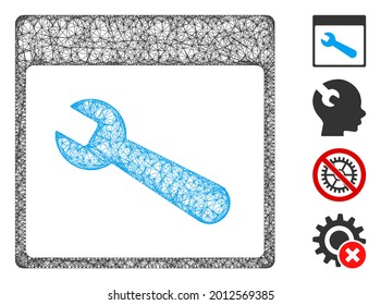 Mesh wrench tool calendar page web icon vector illustration. Carcass model is based on wrench tool calendar page flat icon. Net forms abstract wrench tool calendar page flat model.