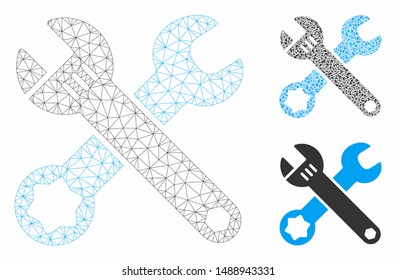 Mesh wrenches model with triangle mosaic icon. Wire frame triangular mesh of wrenches. Vector composition of triangle parts in different sizes, and color tints. Abstract flat mesh wrenches,