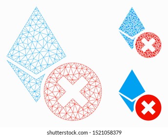 Mesh wrong Ethereum crystal model with triangle mosaic icon. Wire frame triangular mesh of wrong Ethereum crystal. Vector mosaic of triangle elements in variable sizes, and color hues.