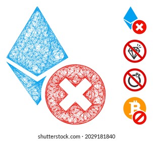 Mesh wrong Ethereum crystal web 2d vector illustration. Model is based on wrong Ethereum crystal flat icon. Mesh forms abstract wrong Ethereum crystal flat model.