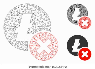 Mesh wrong Litecoin model with triangle mosaic icon. Wire frame polygonal network of wrong Litecoin. Vector mosaic of triangle parts in variable sizes, and color tones.