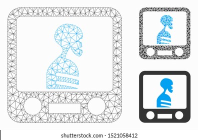 Mesh xray screening model with triangle mosaic icon. Wire carcass triangular mesh of xray screening. Vector mosaic of triangle elements in various sizes, and color hues.