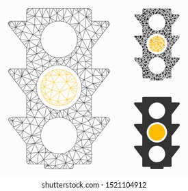 Mesh yellow traffic lights model with triangle mosaic icon. Wire frame triangular mesh of yellow traffic lights. Vector mosaic of triangle elements in different sizes, and color tones.