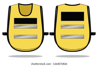 Mesh Yellow Vest With Double Gray Reflective Tape and Black Space for Text Design on White Backgriund. Front and Back View.