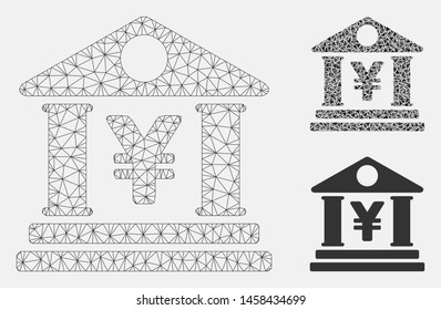 Mesh yen bank building model with triangle mosaic icon. Wire carcass triangular mesh of yen bank building. Vector mosaic of triangle elements in various sizes, and color tones.