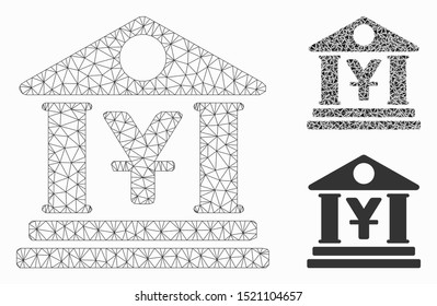Mesh yen bank building model with triangle mosaic icon. Wire carcass triangular mesh of yen bank building. Vector mosaic of triangle elements in various sizes, and color tones.