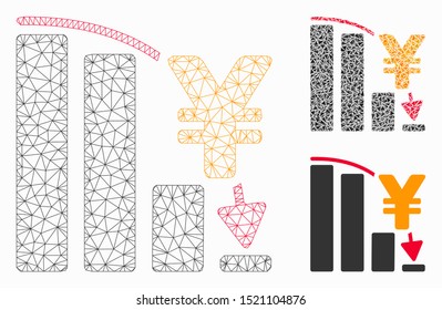 Mesh yen epic fail chart model with triangle mosaic icon. Wire frame triangular mesh of yen epic fail chart. Vector mosaic of triangles in various sizes, and color shades.