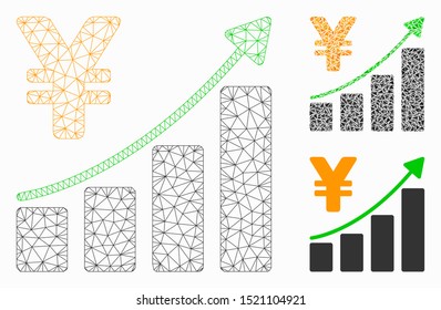 Mesh yen growth graph model with triangle mosaic icon. Wire carcass triangular mesh of yen growth graph. Vector mosaic of triangle parts in various sizes, and color tints.