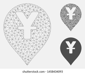 Mesh yen map marker model with triangle mosaic icon. Wire frame triangular mesh of yen map marker. Vector mosaic of triangle parts in different sizes, and color shades.