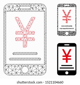 Mesh yen mobile payment model with triangle mosaic icon. Wire carcass triangular mesh of yen mobile payment. Vector collage of triangles in various sizes, and color hues.