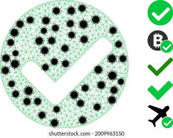 Mesh yes mark polygonal icon vector illustration, with black infection items. Carcass model is created from yes mark flat icon, with infectious centers and triangle mesh.