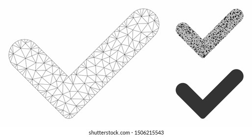 Mesh yes model with triangle mosaic icon. Wire frame triangular mesh of yes. Vector mosaic of triangle elements in different sizes, and color tinges. Abstract flat mesh yes,