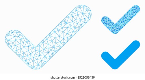 Mesh yes model with triangle mosaic icon. Wire carcass polygonal mesh of yes. Vector mosaic of triangle parts in various sizes, and color tinges. Abstract 2d mesh yes, designed with polygonal grid.
