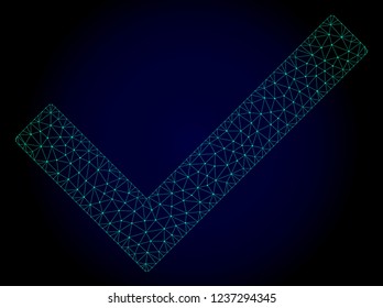 Mesh yes tick polygonal illustration. Abstract mesh lines, triangles and points on dark background with yes tick. Wire frame 2D polygonal line network in vector format on a dark blue background.