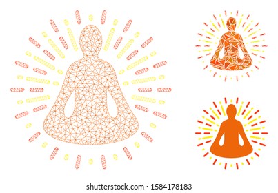 Mesh yoga meditation model with triangle mosaic icon. Wire carcass polygonal mesh of yoga meditation. Vector composition of triangle elements in various sizes, and color tints.