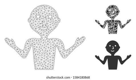 Mesh young guru model with triangle mosaic icon. Wire carcass triangular mesh of young guru. Vector collage of triangle elements in variable sizes, and color shades. Abstract flat mesh young guru,