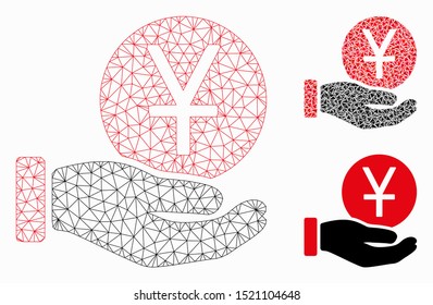 Mesh yuan coin payment model with triangle mosaic icon. Wire carcass triangular mesh of yuan coin payment. Vector collage of triangle elements in variable sizes, and color tints.