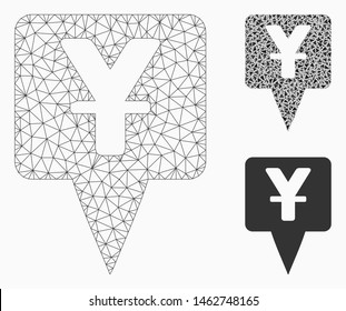 Mesh yuan map pointer model with triangle mosaic icon. Wire carcass polygonal network of yuan map pointer. Vector mosaic of triangle elements in various sizes, and color hues.