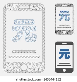 Mesh yuan mobile payment model with triangle mosaic icon. Wire frame triangular mesh of yuan mobile payment. Vector mosaic of triangle parts in different sizes, and color tinges.