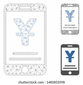 Mesh yuan mobile payment model with triangle mosaic icon. Wire frame polygonal mesh of yuan mobile payment. Vector mosaic of triangle elements in different sizes, and color tints.