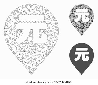 Mesh Yuan Renminbi marker model with triangle mosaic icon. Wire frame polygonal network of Yuan Renminbi marker. Vector mosaic of triangle parts in different sizes, and color tones.