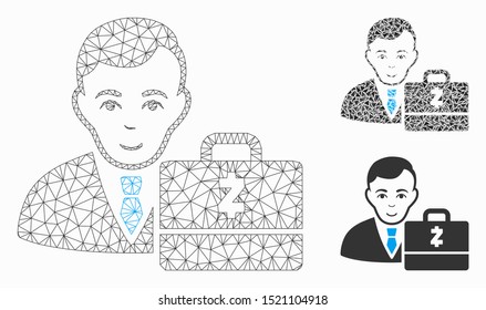 Mesh Zcash accounter model with triangle mosaic icon. Wire carcass triangular mesh of Zcash accounter. Vector mosaic of triangle elements in various sizes, and color tints.