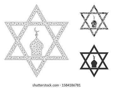 Mesh zion model with triangle mosaic icon. Wire carcass polygonal mesh of zion. Vector composition of triangle elements in various sizes, and color shades. Abstract flat mesh zion,