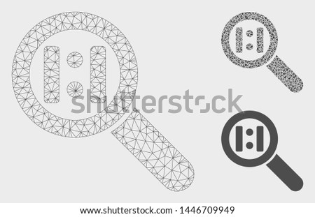 Mesh zoom actual size model with triangle mosaic icon. Wire carcass polygonal mesh of zoom actual size. Vector mosaic of triangle elements in variable sizes, and color tints.