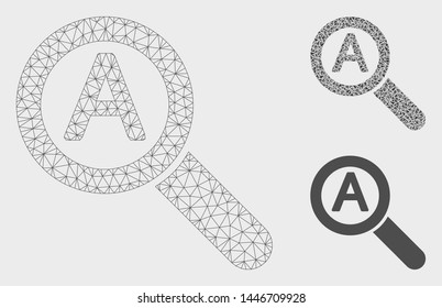 Mesh zoom auto scale model with triangle mosaic icon. Wire frame polygonal mesh of zoom auto scale. Vector mosaic of triangle parts in different sizes, and color tints.