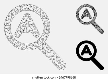Mesh zoom auto scale model with triangle mosaic icon. Wire frame polygonal mesh of zoom auto scale. Vector mosaic of triangle elements in variable sizes, and color shades.