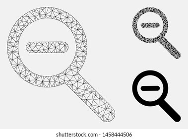 Mesh zoom out model with triangle mosaic icon. Wire carcass triangular mesh of zoom out. Vector mosaic of triangle elements in various sizes, and color tinges. Abstract 2d mesh zoom out,