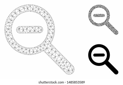 Mesh zoom out model with triangle mosaic icon. Wire frame triangular network of zoom out. Vector mosaic of triangle parts in various sizes, and color hues. Abstract 2d mesh zoom out,