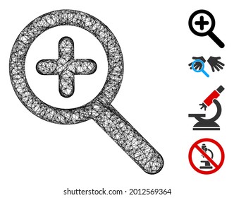 Mesh zoom in web 2d vector illustration. Carcass model is based on zoom in flat icon. Mesh forms abstract zoom in flat model. Wire frame 2D web network isolated on a white background.