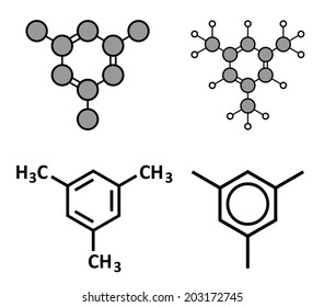 Mesitylene aromatic hydrocarbon molecule. Important solvent in chemical industry and volatile organic compound (VOC) pollutant in the environment. Stylized 2D and conventional skeletal formulae.