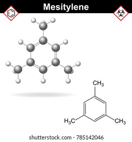 Mesitylene chemical structure, coal tar compound, 2d and 3d vector illustration, isolated on white background, eps 10