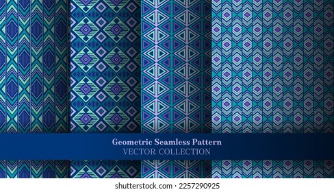 Mesmerical geometric argyle seamless tracery set. Native american motif ethnic patterns. Argyle ikat geometric vector seamless motif collection. Cover background swatches.