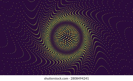 mesmerizing abstract background featuring a dynamic optical illusion of swirling dots. Small, light green and yellow squares form a vibrant vortex, creating a powerful sense of depth and movement against a deep purple backdrop. The intricate wavy lines and halftone pattern evoke a futuristic, digital, or psychedelic aesthetic. This captivating design is ideal for modern graphic projects, technology themes, event posters, or as a vibrant backdrop for creative content, offering a hypnotic visual e