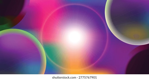A mesmerizing abstract background featuring overlapping circles in shades of purple, pink, blue, and green, with a bright white light at the center, creating a sense of depth and dimensionality.