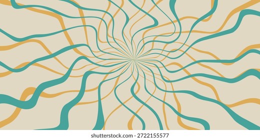 Un fascinante fondo abstracto con un patrón de líneas onduladas en tonos verde azulado y amarillo anaranjado, que emana de un punto central sobre un fondo beige claro, creando un ambiente dinámico e hipnótico.