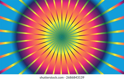 A mesmerizing abstract background featuring a vibrant rainbow radial burst pattern. The design creates a psychedelic optical illusion with radiating lines of color against a deep blue backdrop.