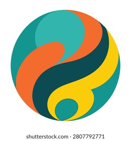 A mesmerizing abstract design featuring swirling shapes in teal, orange, yellow, and dark green hues on a white background