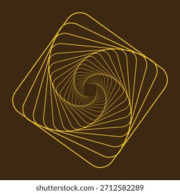 Un diseño abstracto fascinante que presenta una espiral amarilla de cuadrados concéntricos sobre un fondo marrón oscuro que crea una sensación de profundidad y movimiento.