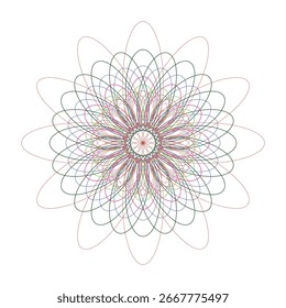 A mesmerizing abstract geometric design featuring a symmetrical mandala-like structure with intricate overlapping curves and vibrant colors, isolated on white.